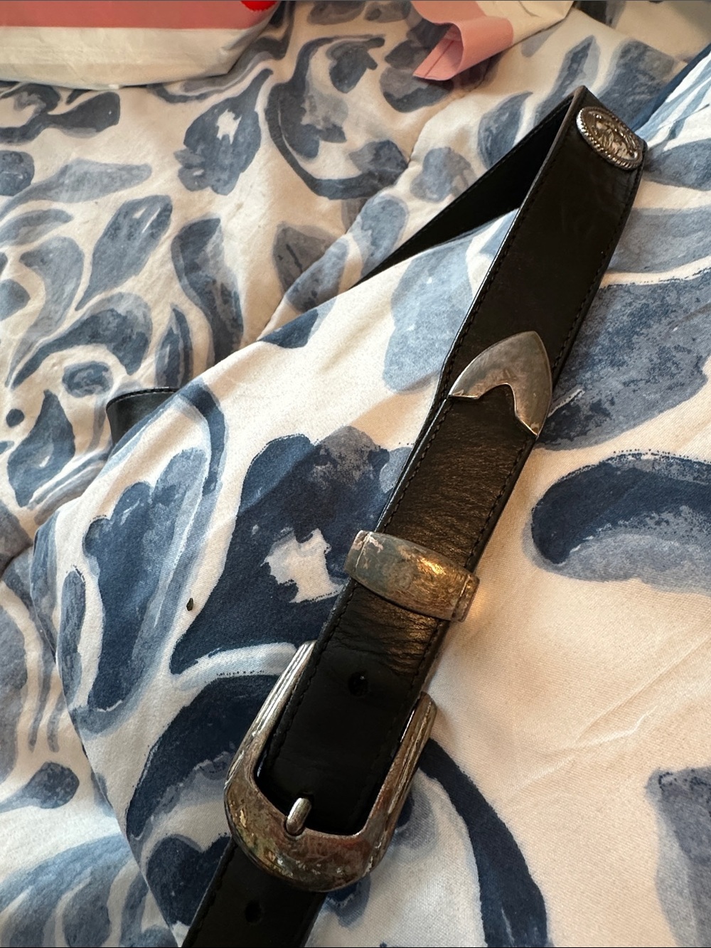 Black Leather Western-Style Belt with Silver-Tone Buckle